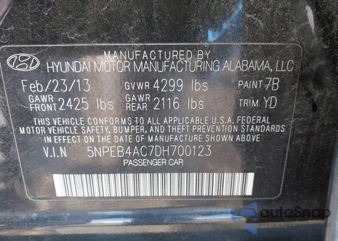 2013 Hyundai Sonata Gls z USA, uszkodzony, nr VIN 5NPEB4AC7DH700123